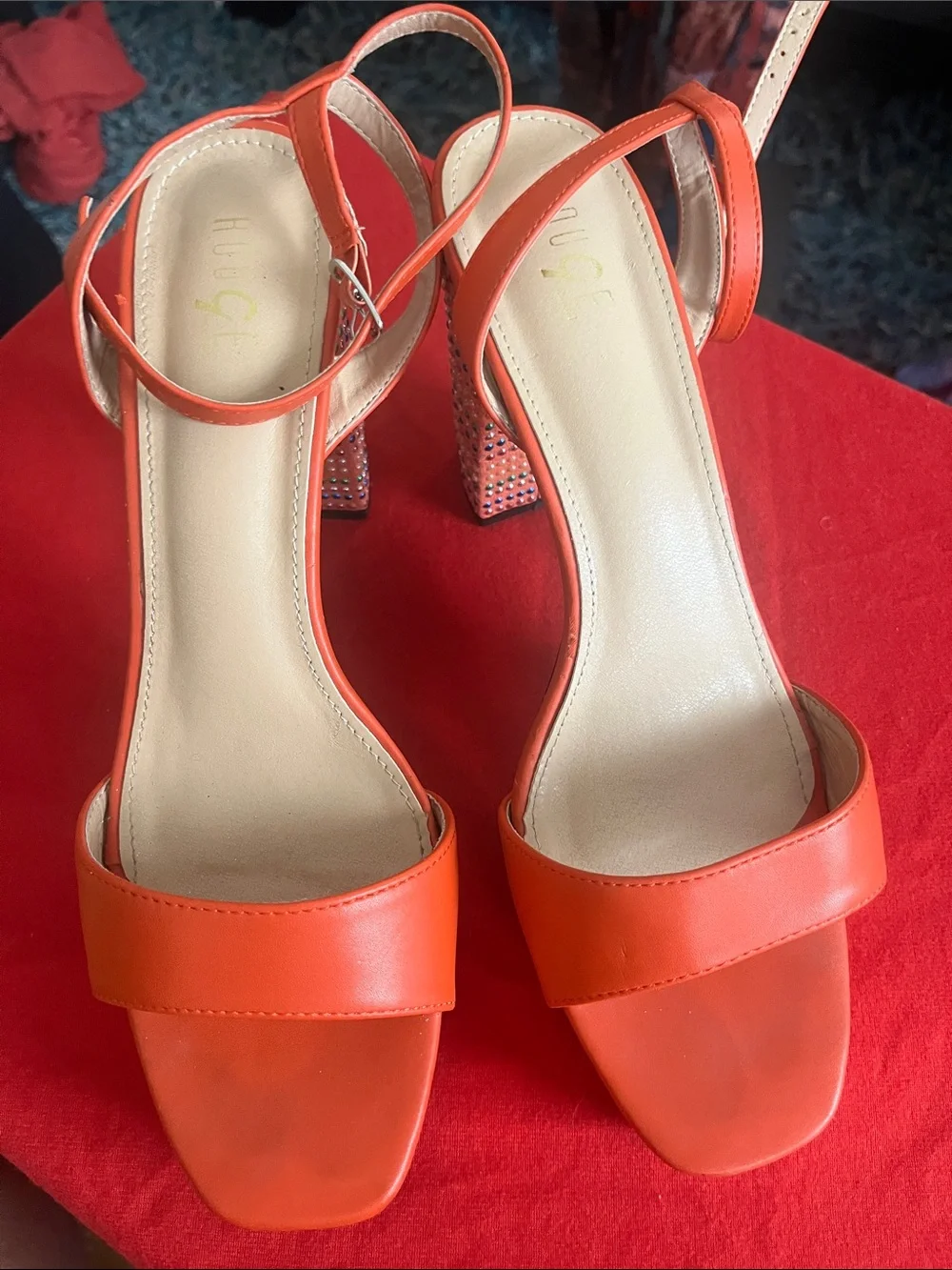 Rouge Helium Coral-Orange Rhinestone Platform Slingbacks